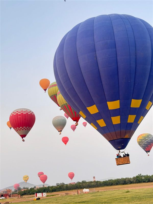 Mongolfiera blu con la sua cesta che decolla tra tante mongolfiere colorate all'alba a Marrakech
